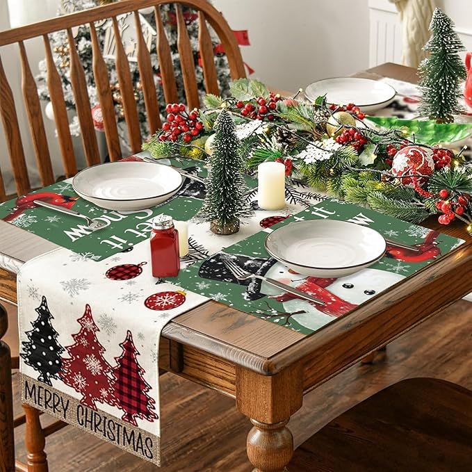 Let It Snow Placemats Set of 4,Christmas Snowman Placemats for Dining Table,Heat Resistant Stain Resistant Wipeable Table Mats for Kitchen Dining Holiday Party Home Decor,12x18 Inch