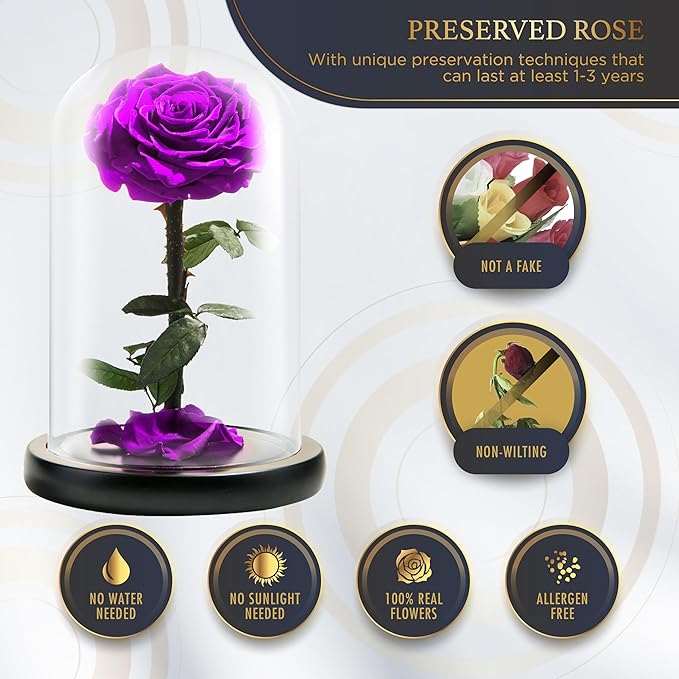 Forever Preserved Rose - Eternal Rose in Glass Dome - Beauty and The Beast Rose for Mom - Fresh Flowers for Delivery Prime (Purple, 9 Inch)