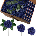 100 Pieces Artificial Foam Rose Flowers Faux Bouquet with Leaves and Stems for DIY Wedding Bouquets Centerpieces Bridal Shower Party Valentine Home Decorations(Navy Blue)