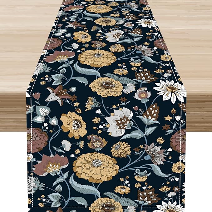 Boho Floral Table Runner, Vintage Traditional Farmhouse Boho Floral Linen Coffee Table Center Decor for Family Kitchen Farmhouse Holiday Party Table Decorations Indoor Outdoor 13x72 inch