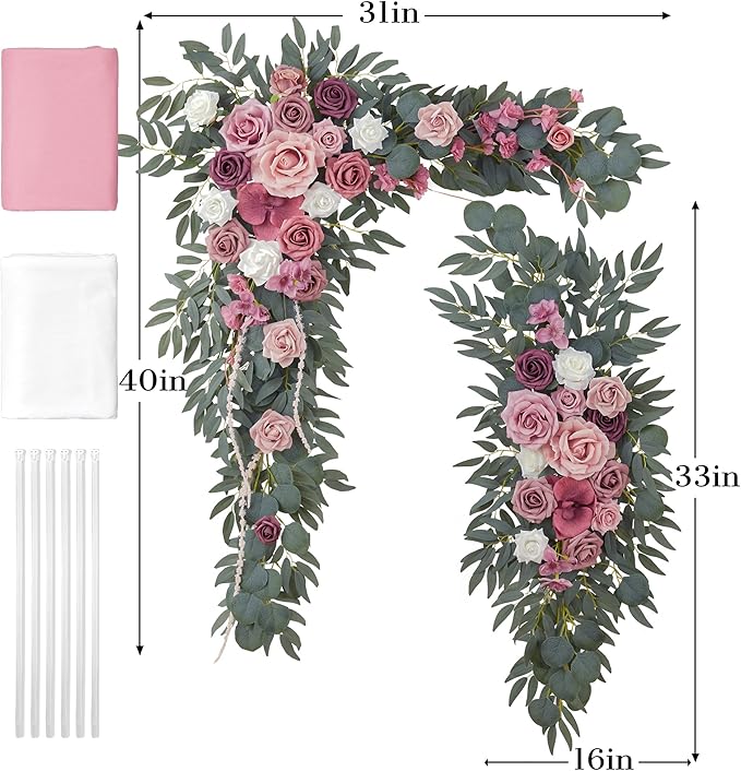 Ting's time Artificial Wedding Arch Flowers Kit(Pack of 4) 2pcs Large Artificial Flower Swags with 2pcs Draping Fabric for Wedding Party Ceremony Decoration(Blush&Rose Red)