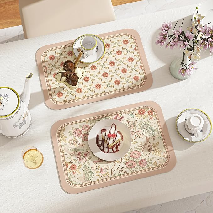 patdrea French Floral Red Rectangular PVC Placemats, Pack of 6, Waterproof Insulation, Soft and Durable, Suitable for Dining Table, Kitchen and Coffee Table Decoration,12"*17"