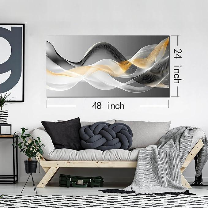 JuhaiArt Abstract Wall Decor Art Gold Canvas Modern Black Picture White Art for Bedroom Office Decoration 24" x 48"