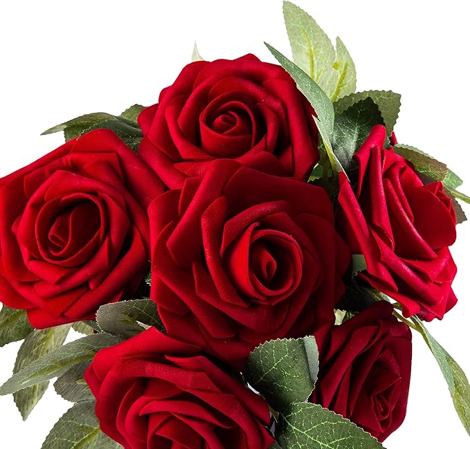 Red Artificial Flower Silk Rose 50pcs Fake Rose with Stems Leaves for Home Decoration Party Garden Centerpieces DIY Wedding Bouquets（Dark Red）