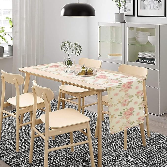 Vintage Rose Table Runner, Watercolor Romantic Pink Floral Blossoms Table Runner for Kitchen Dining Holiday Party Home Decor, 13x36 Inch