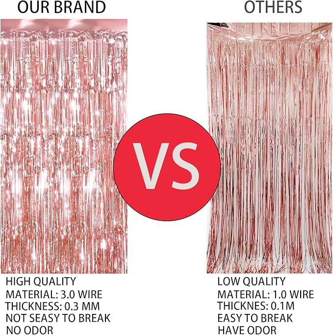 Keyali 3 Pack 3.3 * 8.3 ft Foil Curtain Metallic Tinsel Fringe Curtains Photo Booth Props Backdrop for Birthday Wedding Engagement Baby Shower Christmas Holiday Celebration Partyl,Rose Gold