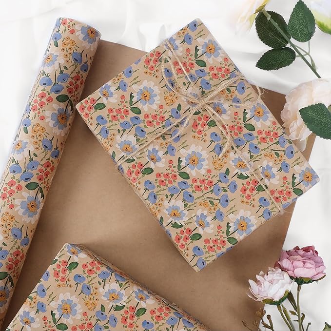 Aimyoo Watercolor Floral Kraft Wrapping Paper Roll, 17 inch x 32.8 ft All Occasion Vintage Flower Gift Wrap for Wedding Birthday Bridal Shower