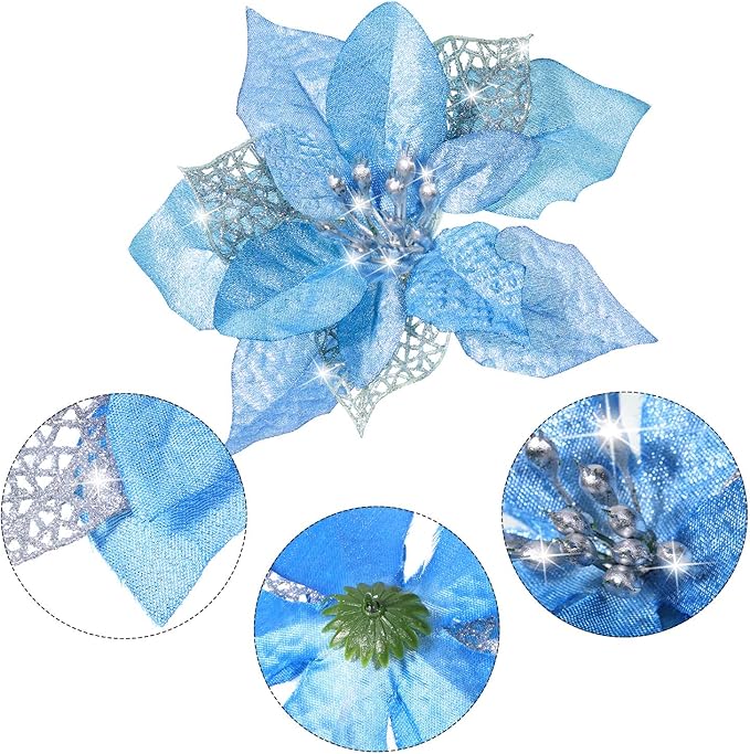 Boao 24 Pieces Christmas Artificial Glitter Poinsettia Flowers Xmas Flowers Wedding Christmas Tree New Year Ornaments(Blue)