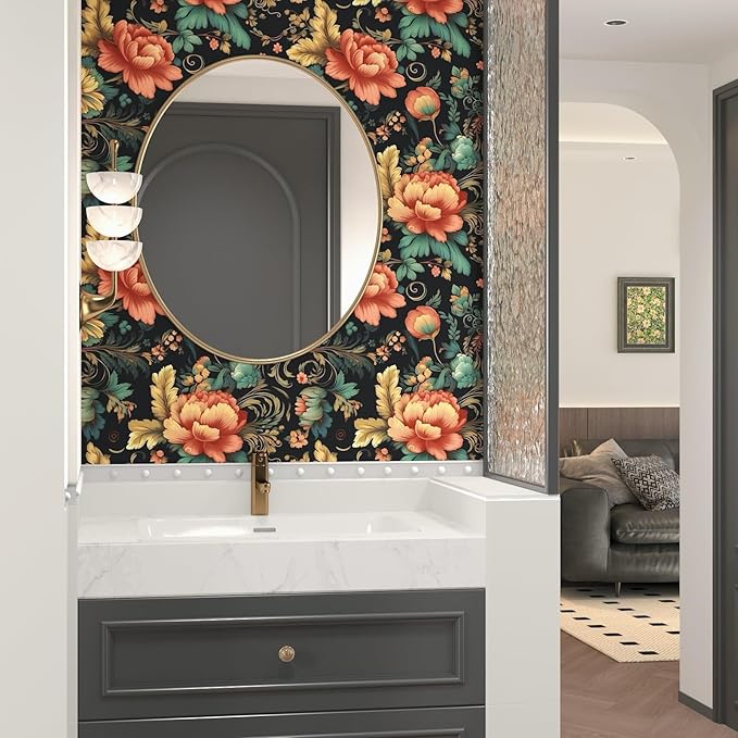 Vintage Floral Peel and Stick Wallpaper Vibrant Flower Contact Paper Boho Wallpaper for Bedroom Bathroom Shelf Liner Removable Black 17.5 x 78.5In