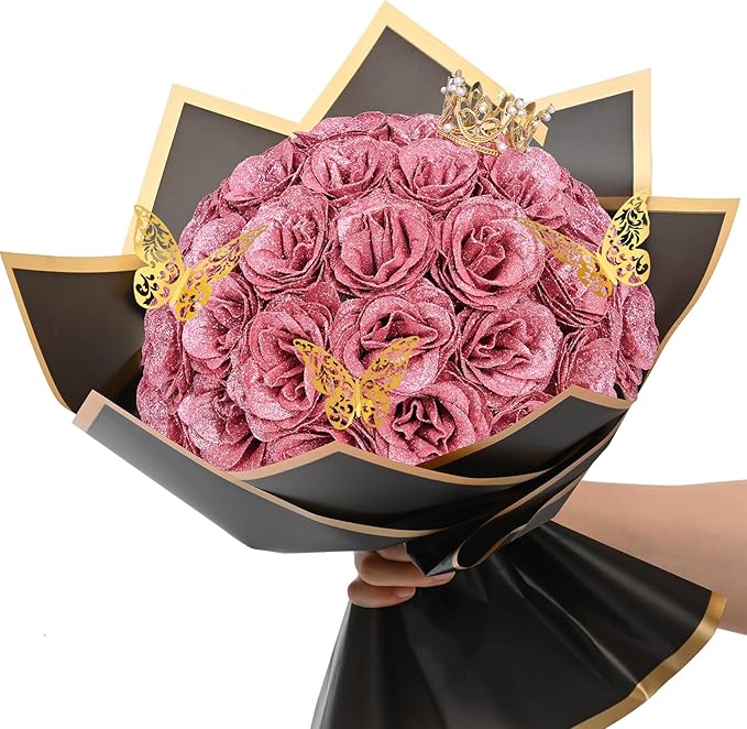 Waipfaru Glitter Roses Bouquet, DIY Fake Flowers Bouquet, Rose Gold Artificial Flower, Valentines, Anniversary, Engagement, Wedding, 36 Pcs