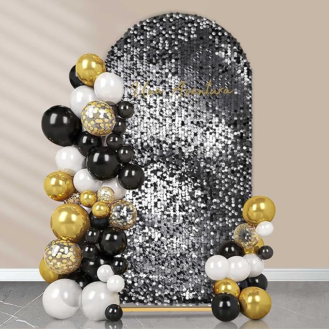 Fanqisi Big Payette Sequin Arch Covers: 6.6FT Arch Backdrop Covers Black Shimmer Fabric Cover for Party Halloween Decorations