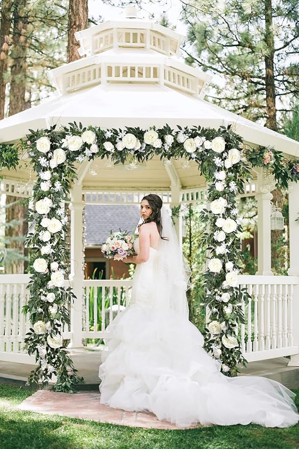 Lvydec 2 Pack Artificial Peony Flower Garland - 6ft Silk Peony Vine Willow Leaves Garland White Arch Flower Vine for Wedding Party Table Decoration (White)