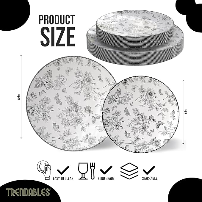 Trendables Plastic Plates For Party Supplies, Floral Disposable Plates For Party & Weddings 200 Pcs - 100 x 8 Dessert Plates & 100 x 10 Plastic Dinner Plates, Plate Set Disposable Dinnerware Sets