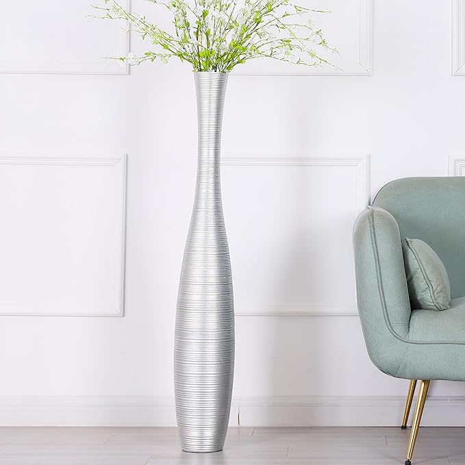 Leewadee Decorative Tall Floor Vase for Living Room Decor, 41 inches, Silver, Resin