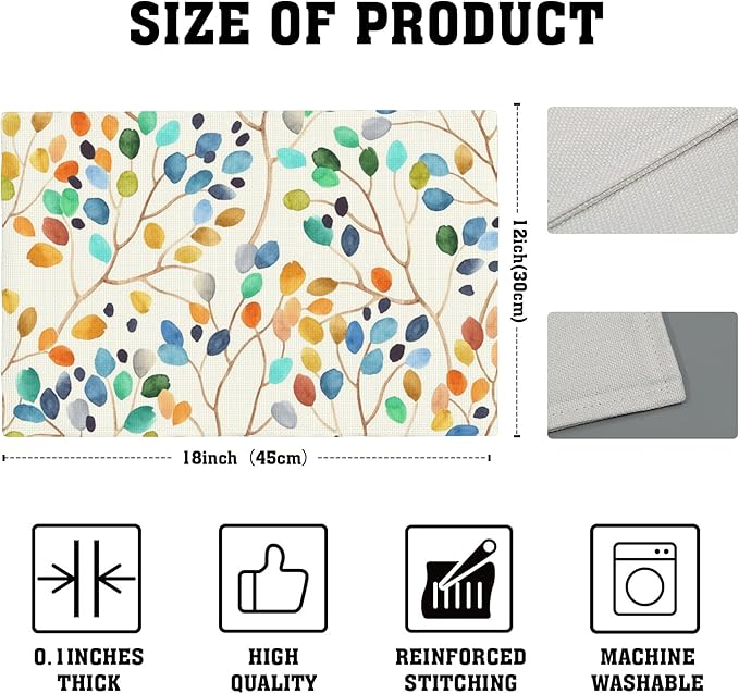 Watercolor Leaves Spots Placemats Set of 4, Placemats Dining Table Mat Set,12x18 Washable Stain Resistant Wipeable Cloth Placemat for Kitchen Buffet Parties