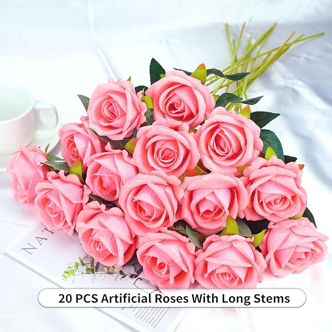 20PCS Artificial Roses with Long Stems - Realistic Silk Flowers, Fake Roses Real Touch Bouquet Roses for Home Decor, Bridal Wedding Table Centerpieces, Faux Rose Flowers (Pink Purple)