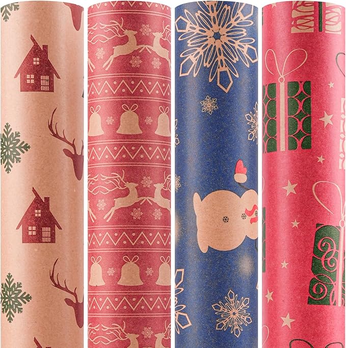 Happypapa Christmas Wrapping Paper, Kraft Xmas Wrapping Paper Rolls - Jingle Bell, Reindeer, Gift and Snowflakes Pattern - 4 Rolls - 17 Inch × 120 Inch Per Roll