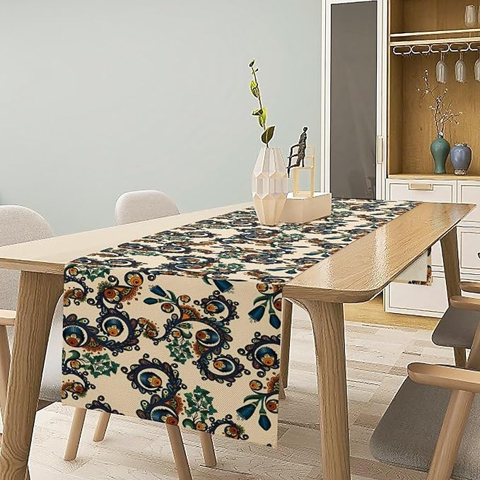 Vintage Bohemian Table Runner, Boho Blue Orange Ornate Paisley Print Table Runner for Kitchen Dining Home Party Decor, 13x70 Inch