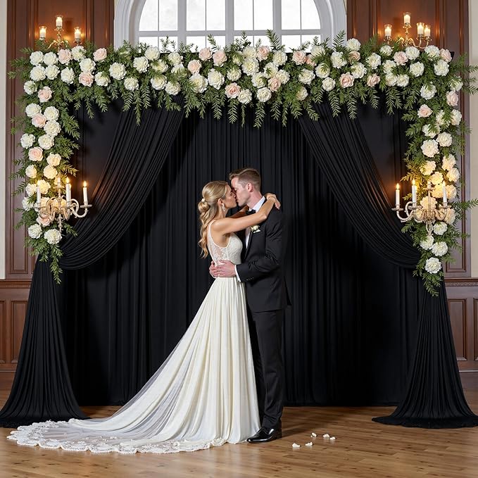 gogoparti 10x15 ft Black Backdrop Curtain for Weddings & Parties - 2-Panel Wrinkle-Free Polyester Drape, 15 FT Long for Birthday, Baby Shower, Halloween Photography Background