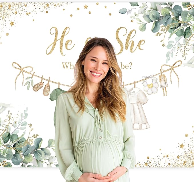 Riyidecor Green Gender Reveal Backdrop Polyester Fabric He or She What Will Baby Be 8Wx6H Feet Boho Watercolor Gold Dots Sage Eucalyptus Leaves Photography Background Baby Shower Photo Studio Shoot