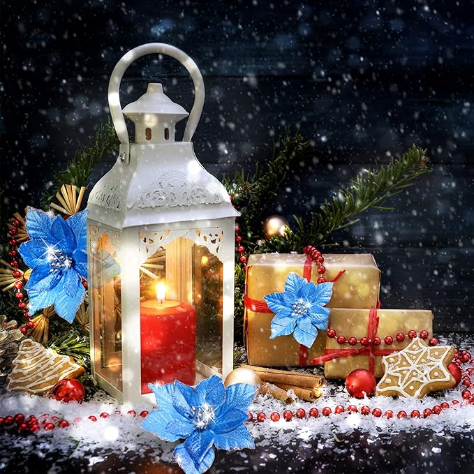 WILLBOND 24 Pcs 3 Size Poinsettia Flower Artificial Christmas Decor Glitter Poinsettia Christmas Ornaments Faux Flowers for Xmas Tree Outdoor(3.2/4/6 Inches,Blue)