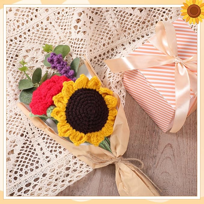Breling Crochet Flower Bouquet Handmade Crochet Sunflowers Gift Lavender Rose Knitted Eternal Artificial Flowers for Wife Women Valentine's Day Mother's Day Birthday Wedding Anniversary