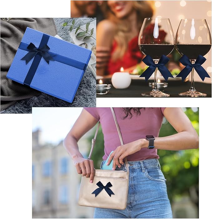 50 Counts Navy Blue Twist Tie Bows 3.1" Pre-Tied Satin Ribbon Bow Decor Mini Twist Tie Bows for Gift Wrapping Treat Bags Cake Bridal Baby Shower Birthday Party Favors Wedding Decorations