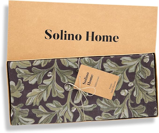 Solino Home 100% Pure Linen Table Runner 90 Inches Long - Floral Print Green and Brown Table Runner 14 x 90 Inch - Handcrafted and Machine Washable - Fallen Leaves Print
