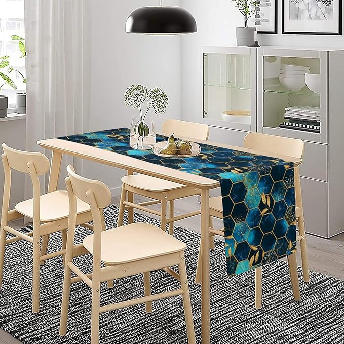 Sky Blue Honeycomb Table Runner Abstract Sea Blue Marble Hexagon Texture Golden Leaves Seasonal Dinner Runner Table Decoration for Farmhouse Home Kitchen Dining Holiday Party 13x36in