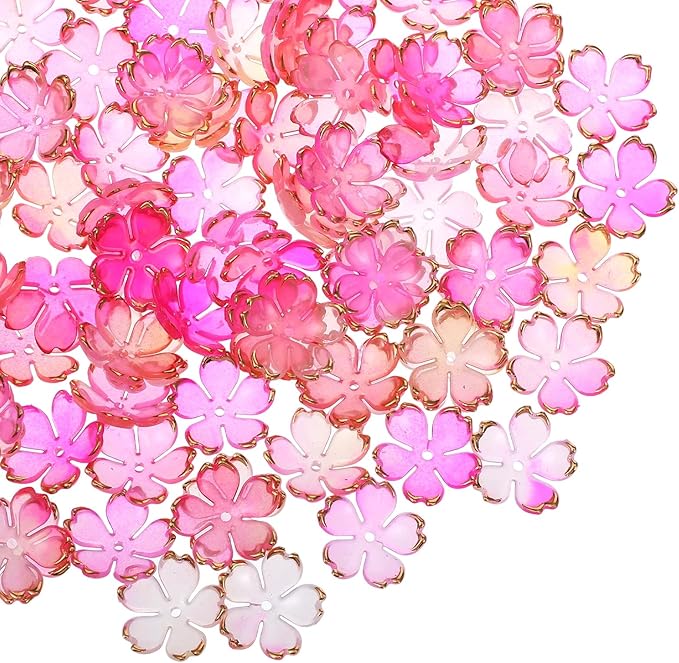 100 Pcs Cherry Blossom Beads, 5-Petal Acrylic Spacer Flower Beads for Jewelry Making, Mini Golden Edge Floral Shaped Bead for Making DIY Craft, Charms, Bracelets, Necklaces, Earrings (Pink Gradient)