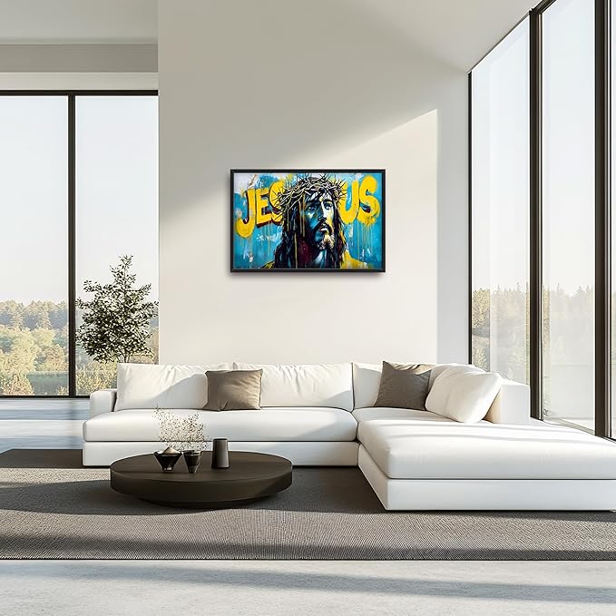 Banksy Jesus Large Wall Art Graffiti Framed Wall Decor for Living Room Pop Street Pictures Oversized Canvas Print Painting Modern Extra Large Framed Artwork for Bedroom Office 36"x24"