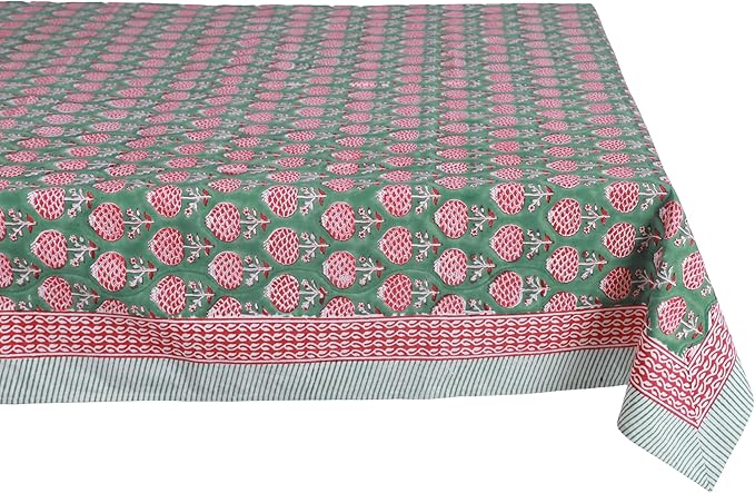 ATOSII Roma Green100% Cotton Rectangle Summer Tablecloth, Block Print Floral Linen Table Cloth for Dining Table Parties Wedding Outdoors I Grand Millennial Decor 60 X 90 Inches 6 Seater I Memorial Day