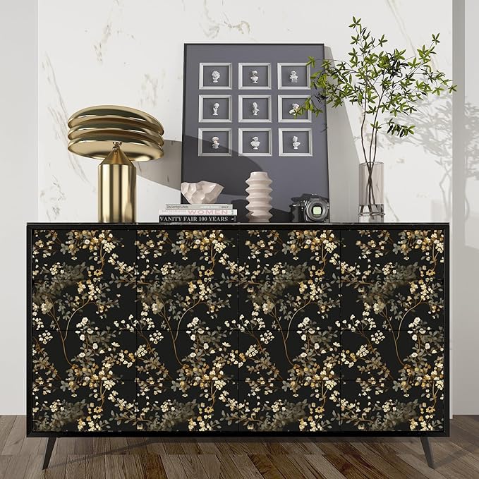 Vintage Black Floral Wallpaper Classic Watercolor Leaves Wall Paper 17.4" x 394" Dark Moody Contact Paper Chinoiserie Self Adhesive Covering for Bedroom Bathroom Cabinet Home Decor Black Grey