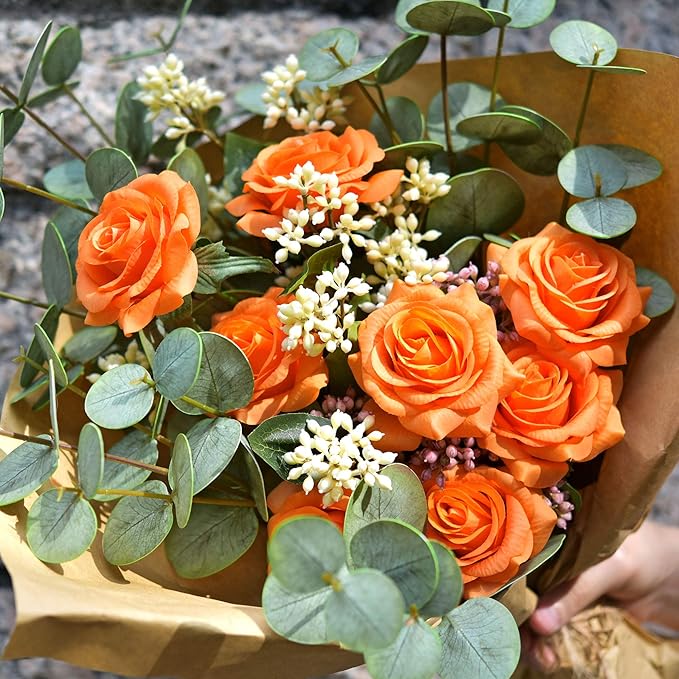 FiveSeasonStuff Silk Roses Artificial Flowers for Decoration, Home Decor Centerpiece for Tables, Wedding Bridal Bouquet of Flowers Real Touch Roses 12 Stems (Orange)