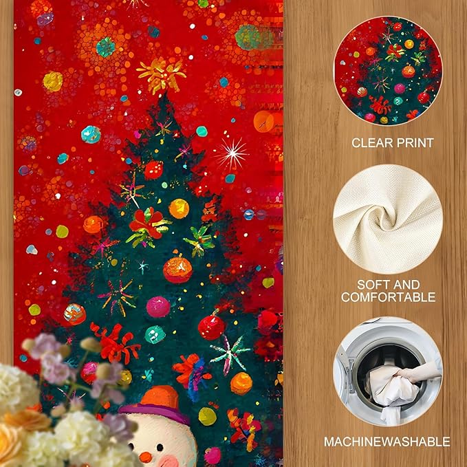 Christmas Table Runner 13 x 72 Inch, Holiday Snowman and Christmas Tree Design, Festive Red Winter Table Decoration with Gifts, Dining Table Centerpiece for Xmas Party Home Decor