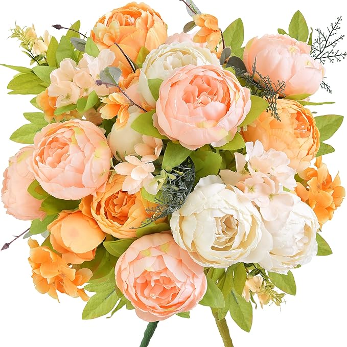 FiveSeasonStuff Harvest Keepsake Artificial Peony Bouquet – Set of 2 Faux Silk Flower Bundles with Autumn Ivory, Orange & Greenery Accents for Fall Centerpieces, Weddings & Home Decor – 1.6 ft Stems