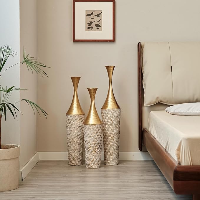 Floor Vases, Tall Home Decor Metal Vase Set of 3 Large Glazed Decorative Vases for Wedding Decor, Elegant Modern Flower Holder for Living Room, Entryway, Hallway, Dining Room
