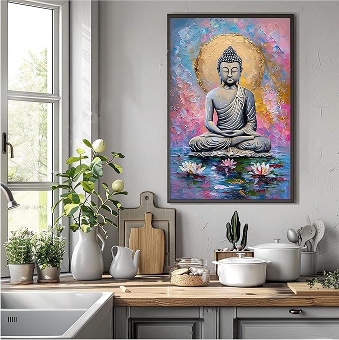 Lotus and golden Buddha meditation tranquil zen wall art mindfulness wall art for spiritual harmony and tranquility decor 24x36in Metal blackFramed