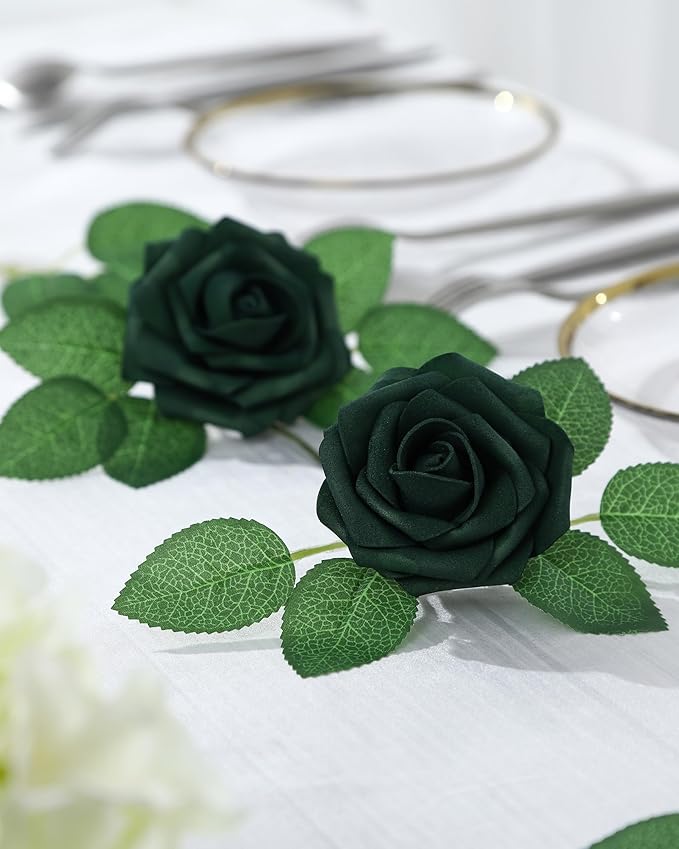 DuHouse 50Pcs Artificial Roses Flowers Fake Roses with Stems Real Touch Foam Flowers for DIY Wedding Bouquet Baby Shower Centerpiece Floral Arrangement Party Home Decor(Hunt Green)
