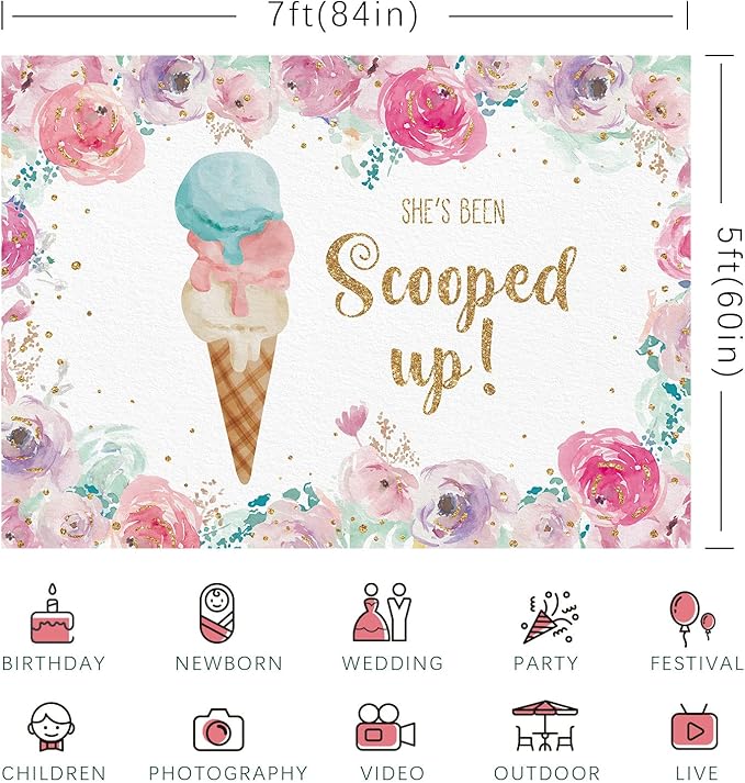 She's Been Scooped Up Backdrop Ice Cream Bridal Shower Party Pink Flowers Summer Photography Background Supplies Decorations Gift Floral Cake Table Banner Photo Booth Studio Props 7x5ft