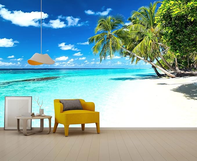 Palm Tree Wall Mural Tropic Paradise Beach Seascape Murals Wallpaper for Walls Bedroom Living Room Bedroom TV Background Kids Room Decoration（Not Peel and Stick）
