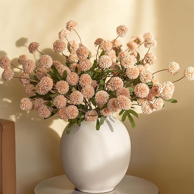 HyeFlora Fake Kiku Flowers,Faux Silk Pompon Mums 40heads Artificial Flowers,Chrysanthemum Stems Floral Arrangement Dried Flowers Vintage Decorative Indoor Home Vase Decor Beige