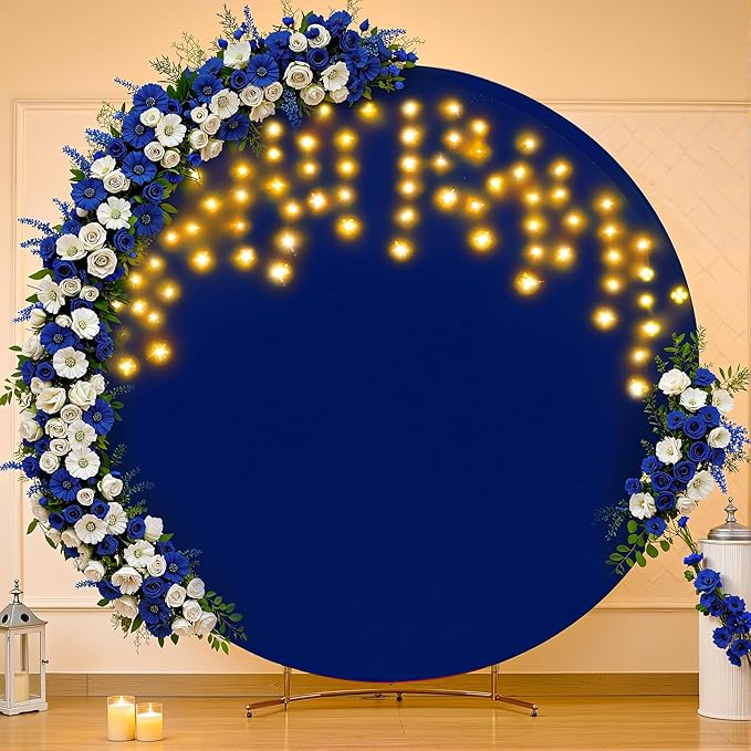 7.2 FT Navy Blue Round Backdrop Cover with Lights String for Circle Arch Stand Circle Backdrop Covers with LED Fairy Lights for Wedding Arch Baby Shower Birthday Party Photo Photography Background