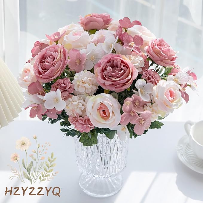 8 Pack Artificial Peony Flowers, Silk Peonies Flowers Fake Peonies Artificial Flowers Peonies Hydrangea Bouquet for Centerpiece Table Wedding Party Home Decor (8, Pink + White)