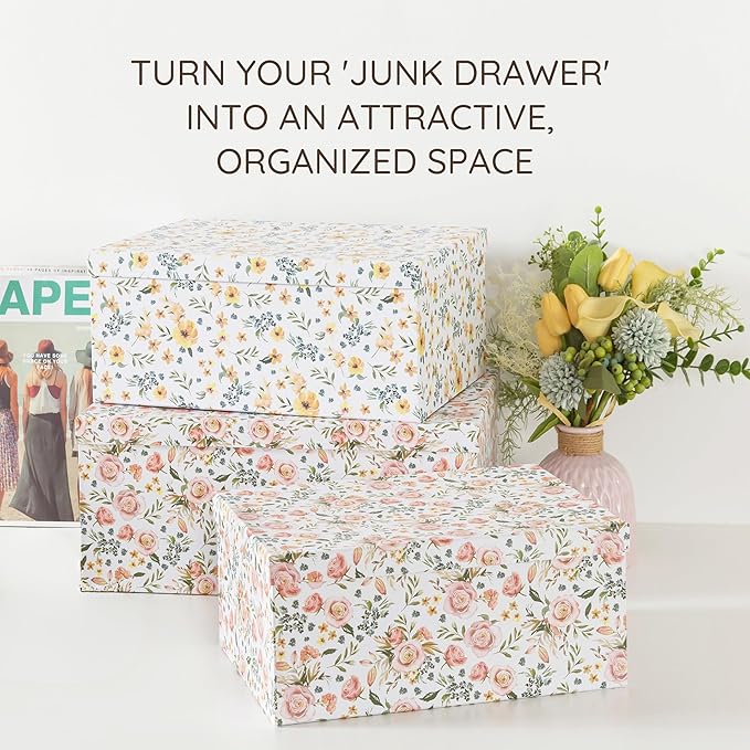 Soul & Lane Decorative Storage Cardboard Boxes with Lids | Summer Bouquet - Set of 3 | Paperboard Nesting Boxes for Organizing