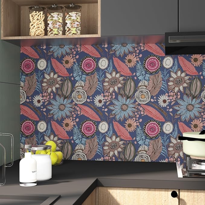 Boho Wallpaper Peel and Stick,Vintage Blue Pink Floral Contact Paper, Retro Antique Botanical Flowers Wall Paper Self Adhesive Removable Waterproof for Bathroom Shelves Cabinet Table 17.5" x 118"