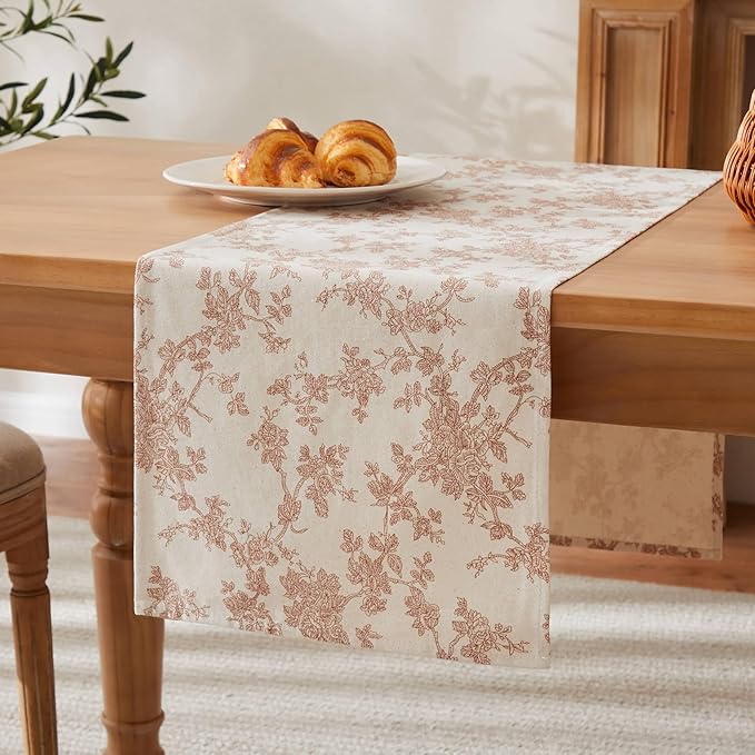 100% Cotton French Pastoral Table Runners, 13x60 Inch Terracota Farmhouse Table Runners 60 Inches Long, Vintage Flowers Print Home Decors