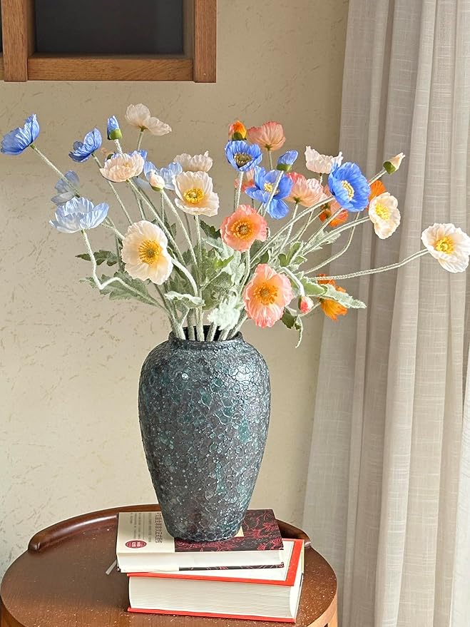 Set of 6 Poppies Flowers Artificial Silk Flowers with Long Stems Faux Wildflowers Bouquet for Vases Oil Pastel Style for Wedding Party Indoor Home Office Decor (Gradient Coral)
