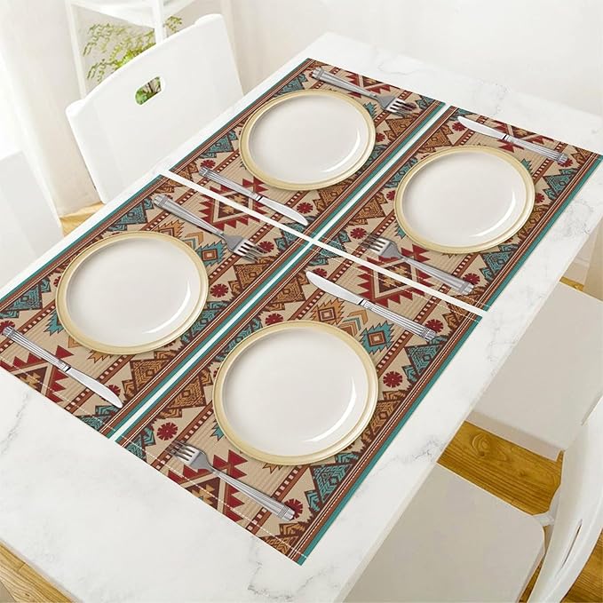 Retro Aztec Placemats Set of 4 Boho Western Native American Tribal Art Printed Dining Table Mats for Restaurant Home Kitchen Holiday Decor 12x18in