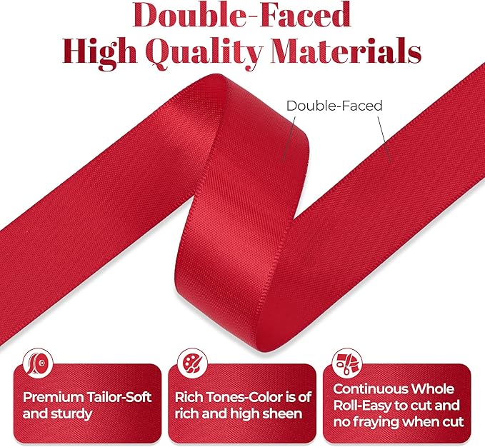 Red Satin Ribbon, Double Faced 7/8 Inch X 50 Yards Red Ribbon, Premium Satin Ribbon for Gift Wrapping, Crafts, Hair Bow Making, Sewing, Flower Bouquet, Wedding Party Decor